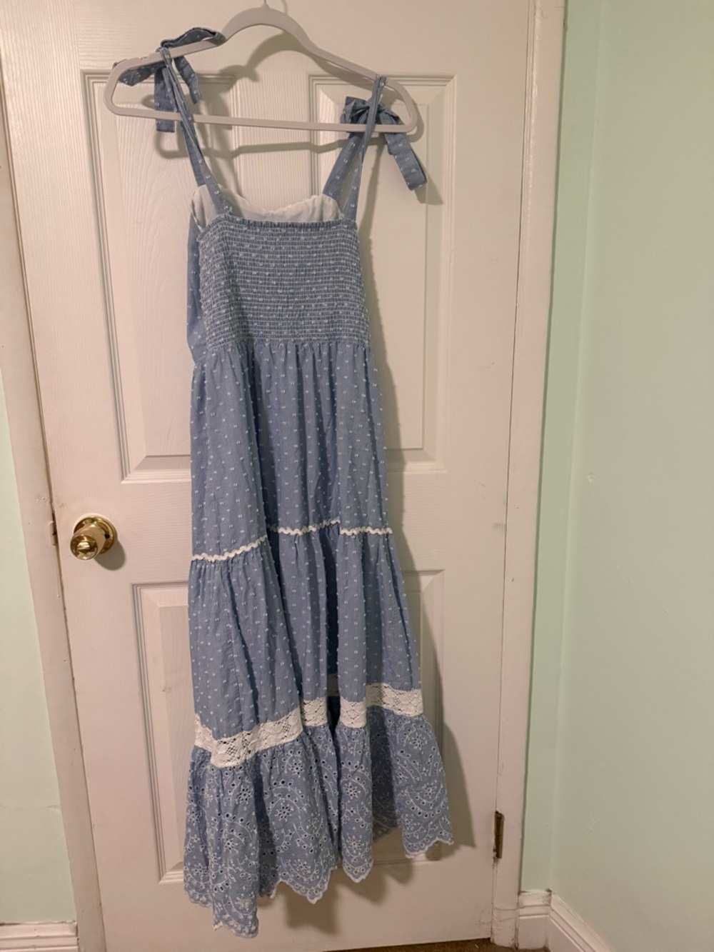 Light Blue Eyelet Tiered Maxi Dress W Tie Straps Shabby Chic Lace,Bust 31”-32” - Picture 3 of 13